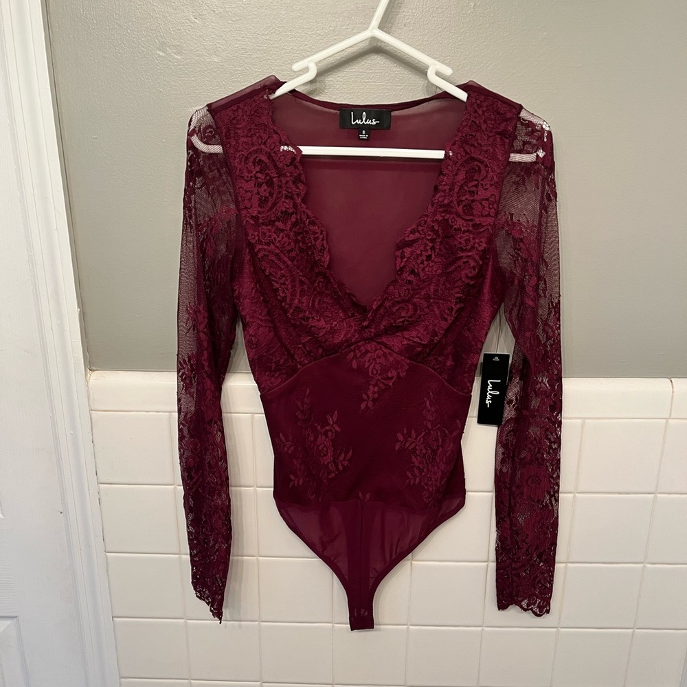 Lulus All About That Lace Burgundy Long sleeve Bodysuit
